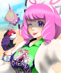 Rule 34 | 1girl, absurdres, asymmetrical shirt, beach, bow, breasts, coat, collarbone, collared shirt, creatures (company), drill hair, eyeshadow, fur coat, fur jacket, galarian slowbro, game freak, gloves, hair bow, hairband, highres, holding, holding poke ball, jacket, klara (pokemon), large breasts, makeup, mole, mole under mouth, nintendo, one eye closed, pink eyeshadow, pink hair, pink lips, poke ball, poke ball (basic), pokemon, pokemon (creature), pokemon swsh, purple eyes, selfie, shirt, short hair, single glove, talkinghopper, tongue, tongue out, twin drills, upper body, white bow, white hairband