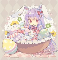 Rule 34 | 1girl, alternate costume, animal ears, apron, argyle, argyle background, argyle clothes, blush, bow, commentary, easter egg, egg, hair between eyes, hair bow, highres, holding, holding egg, long hair, nikorashi-ka, parted lips, pink hair, puffy short sleeves, puffy sleeves, rabbit ears, red bow, red eyes, reisen udongein inaba, short sleeves, solo, striped, striped bow, symbol-only commentary, touhou, white apron