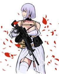 Rule 34 | 1girl, alternate costume, bare shoulders, breasts, bride, cleavage, collarbone, cowboy shot, dress, falling petals, garter straps, girls&#039; frontline, gloves, gun, highres, holding, holding gun, holding weapon, jewelry, light machine gun, looking at viewer, parted lips, petals, pouch, purple eyes, purple hair, ring, rpk-16, rpk-16 (girls&#039; frontline), san d1605, scope, short hair, simple background, single garter strap, smile, solo, strapless, strapless dress, thighhighs, twitter username, weapon, wedding ring, white background, white dress, white gloves, white thighhighs