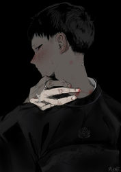 Rule 34 | 1boy, artist name, black background, black hair, black kimono, blood, blood on hands, blush, bug bite, crossdressing, ear blush, embarrassed, eyelashes, from behind, half-closed eyes, hand on own neck, hand up, hickey, highres, japanese clothes, jewelry, kimono, logo, looking at viewer, looking back, male focus, mikage (yokyour18g), mole, mole on neck, mole under eye, nape, obi, original, profile, ring, sash, short hair, sideways glance, simple background, solo, sweat, upper body, veins