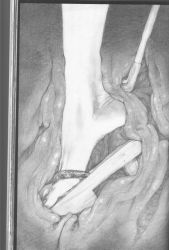Rule 34 | anal, feet, foot insertion, guro, highres, hiroaki samura, large insertion, monochrome, object insertion, pencil, sandals, scan, x-ray