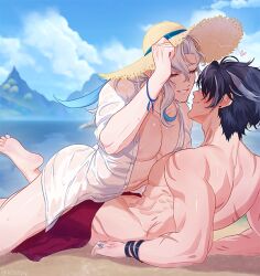 2boys abs back barefoot beach black_hair blue_hair bracelet commentary earrings feet_up genshin_impact hair_between_eyes hat holding holding_hat holding_unworn_clothes jewelry k0shpy male_focus multicolored_hair multiple_boys neuvillette_(genshin_impact) nipples open_clothes open_shirt outdoors pectorals pointy_ears ring sand scar smile soles streaked_hair stud_earrings water white_hair wriothesley_(genshin_impact) yaoi