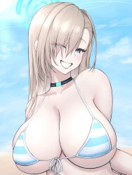 Rule 34 | &gt;:), 1girl, alternate costume, asuna (blue archive), blue archive, breasts, cleavage, doyagao, halo, highres, hkuran, huge breasts, large breasts, light brown hair, long hair, looking at viewer, open mouth, sideboob, smile, smirk, smug, solo, underboob, v-shaped eyebrows