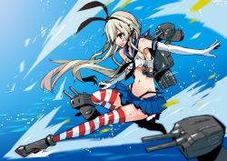 Rule 34 | 10s, 1girl, anchor, bad id, bad pixiv id, black thighhighs, blonde hair, blue eyes, elbow gloves, gloves, gradient background, hairband, highleg, highleg panties, kantai collection, leg up, long hair, microskirt, navel, outstretched arm, outstretched leg, panties, rensouhou-chan, shimakaze (kancolle), skirt, solo, striped clothes, striped thighhighs, tajima ryuushi, thighhighs, torn clothes, underwear, water, white gloves