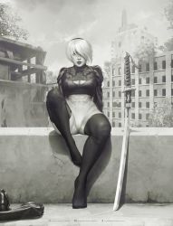 Rule 34 | 1girl, artist name, unworn blindfold, boots, unworn boots, breasts, cameltoe, city, cleavage, cleavage cutout, clothing cutout, commentary, greyscale, hair over one eye, hairband, highres, krystopher decker, leotard, looking at viewer, mole, mole under mouth, monochrome, nier (series), nier:automata, puffy sleeves, ruins, short hair, signature, sitting, solo, sword, thighhighs, tree, weapon, 2b (nier:automata)