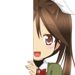 Rule 34 | 10s, 1girl, :d, brown eyes, brown hair, hair ribbon, kantai collection, long hair, looking at viewer, nagineko, open mouth, peeking out, ribbon, school uniform, smile, solo, tone (kancolle), transparent background