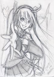 Rule 34 | ahoge, detached sleeves, graphite (medium), greyscale, happy, hatsune miku, headphones, maon, monochrome, outstretched arm, outstretched hand, reaching, reaching towards viewer, signature, sketch, solo, traditional media, twintails, vocaloid