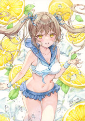 Rule 34 | 1girl, artist name, bikini, blue neckerchief, blue ribbon, blue sailor collar, blush, breasts, brown hair, cleavage, collarbone, commentary request, cowboy shot, food, frilled bikini, frills, fruit, grin, groin, hair ribbon, highres, ice, ice cube, leaf, leg up, lemon, lemon slice, long hair, looking at viewer, medium breasts, merchandise available, navel, neckerchief, omagari kei, original, painting (medium), ribbon, sailor bikini, sailor collar, sidelocks, smile, solo, striped wristband, swimsuit, traditional media, twintails, twitter username, watercolor (medium), wristband, yellow eyes