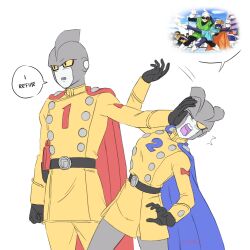 Rule 34 | 1boy, 1girl, belt, black gloves, blue cape, cape, commentary, dragon ball, dragon ball super, dragon ball super super hero, dragonball z, dress, english commentary, english text, gamma 1, gamma 2, genderswap, genderswap (mtf), genniax, gloves, great saiyaman, great saiyaman 2, gun, highres, holster, holstered, index finger raised, one eye closed, open mouth, pushing away, pushing face, red cape, short dress, signature, son gohan, videl, weapon, yellow dress