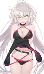 Rule 34 | 1girl, ahoge, bare shoulders, bikini, black bikini, black choker, black jacket, blush, breasts, choker, cleavage, collarbone, fate/grand order, fate (series), hair between eyes, hayashi kewi, hip focus, jacket, unworn jacket, jeanne d&#039;arc alter (swimsuit berserker) (fate), jeanne d&#039;arc (fate), jeanne d&#039;arc alter (fate), jeanne d&#039;arc alter (swimsuit berserker) (fate), large breasts, long hair, looking to the side, navel, o-ring, o-ring bikini, open mouth, silver hair, simple background, solo, swimsuit, thighs, very long hair, white background, yellow eyes