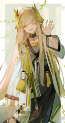 Rule 34 | 1girl, :d, arknights, arm at side, black choker, black skirt, blonde hair, blunt bangs, blush, chinese commentary, choker, closed eyes, coat, cowboy shot, facing viewer, feather hair ornament, feathers, grey shirt, hair ornament, hand up, highres, id card, long hair, long skirt, long sleeves, muelsyse (arknights), nonhaaa, open clothes, open coat, open mouth, pointy ears, shirt, skirt, smile, very long hair, waving, white coat
