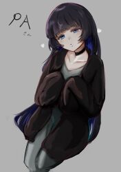 Rule 34 | 1girl, absurdres, black cardigan, black choker, black hair, blue eyes, blunt bangs, bocchi the rock!, cardigan, chin piercing, choker, colored inner hair, dress, goth fashion, grey background, grey dress, head tilt, heart, highres, hime cut, kowai7305, long dress, long hair, looking at viewer, multicolored hair, open cardigan, open clothes, pa-san, sitting, sleeves past fingers, sleeves past wrists