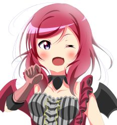 Rule 34 | 1girl, absurdres, artist request, black hairband, black skirt, black wings, blush, bracelet, breasts, cleavage, cowboy shot, demon wings, fake horns, female focus, gloves, grey shirt, hairband, highres, horns, jewelry, long hair, looking at viewer, love live!, love live! school idol festival, love live! school idol project, medium breasts, miniskirt, necktie, nishikino maki, one eye closed, pink necktie, pleated skirt, purple eyes, red gloves, red hair, shirt, skirt, smile, solo, striped clothes, striped shirt, tail, white background, wings