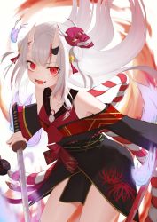 Rule 34 | 1girl, absurdres, bell, blush, breasts, double bun, fangs, feet out of frame, hair bell, hair bun, hair ornament, highres, holding, holding sword, holding weapon, hololive, horns, japanese clothes, katana, long hair, looking at viewer, mask, mask on head, multicolored hair, nakiri ayame, nakiri ayame (1st costume), oni, oni mask, open mouth, red eyes, red hair, simple background, skin-covered horns, small breasts, smile, solo, standing, streaked hair, sword, teeth, thomas 8000, upper teeth only, virtual youtuber, weapon, white hair