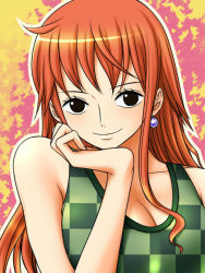 Rule 34 | 1girl, breasts, checkered clothes, checkered shirt, earrings, green shirt, head rest, jewelry, kodamashi, large breasts, looking at viewer, nami (one piece), one piece, orange hair, shirt, smile, solo