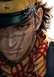 Rule 34 | 1boy, black hat, brown eyes, closed mouth, facial scar, golden kamuy, hat, looking at viewer, male focus, military hat, mitsuya, plaid, plaid scarf, portrait, scar, scar on cheek, scar on face, scarf, solo, sugimoto saichi, yellow scarf