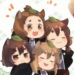 Rule 34 | 4girls, :3, animal ears, black jacket, brown eyes, brown hair, chibi, commentary request, extra, closed eyes, freckled tanuki, jacket, japanese clothes, jitome, light brown hair, medium hair, multiple girls, open mouth, own hands together, pigtailed tanuki, raccoon ears, sen1986, short hair, short twintails, slit-eyed tanuki, tanuki mob (touhou), thick eyebrows, topknot, topknot tanuki, touhou, twintails, wild and horned hermit