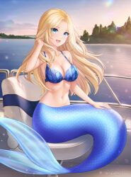 Rule 34 | 1girl, :d, artist name, bikini, bikini top only, blonde hair, blue bikini, blue eyes, boat, breasts, chair, cleavage, collarbone, commentary, commission, english commentary, gigamessy, hand up, highres, large breasts, long hair, mermaid, monster girl, navel, open mouth, original, railing, river, scales, sitting, smile, solo, swimsuit, water, watercraft, watermark
