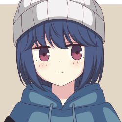 Rule 34 | 1girl, bad id, bad twitter id, beanie, beige background, blue hair, blue hoodie, blush, brown background, closed mouth, commentary, drawstring, expressionless, hat, hood, hood down, hoodie, jitome, looking at viewer, medium hair, portrait, purple eyes, shima rin, simple background, solo, white hat, yurucamp, zeta (24904340)