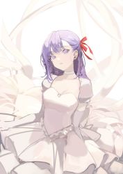 Rule 34 | 1girl, absurdres, bad id, bad twitter id, breasts, choker, chyoel, cleavage, cowboy shot, dress, elbow gloves, fate (series), gloves, hair ribbon, highres, looking at viewer, matou sakura, medium breasts, official alternate costume, parted lips, purple eyes, purple hair, red ribbon, ribbon, solo, white choker, white dress, white gloves
