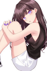 Rule 34 | 1girl, absurdres, black hair, commentary, from side, highres, hugging own legs, ichiki 1, long hair, looking at viewer, nail polish, original, purple eyes, resolution mismatch, shorts, simple background, sitting, sleeveless, solo, source smaller, white background