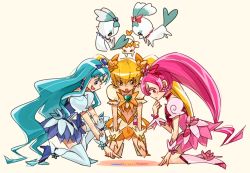 Rule 34 | 10s, 3girls, bad id, bad pixiv id, blonde hair, blue eyes, blue hair, blue skirt, boots, bow, brooch, chypre (heartcatch precure!), coffret (heartcatch precure!), creature, cure blossom, cure marine, cure sunshine, fukumaru, full body, hair ribbon, hanasaki tsubomi, heart, heart brooch, heartcatch precure!, jewelry, knee boots, kneeling, kurumi erika, long hair, magical girl, midriff, multiple girls, myoudouin itsuki, navel, orange bow, pink bow, pink eyes, pink hair, pointing, ponytail, potpourri (heartcatch precure!), precure, puffy sleeves, rainbow order, ribbon, shoes, skirt, smile, thighhighs, twintails, white background, white legwear, wrist cuffs, yellow bow, yellow eyes