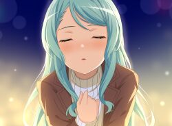 Rule 34 | 1girl, aqua hair, bang dream!, blush, brown jacket, closed eyes, commentary, english commentary, fries vanquisher, gradient background, highres, hikawa sayo, incoming kiss, jacket, long hair, long sleeves, looking at viewer, open clothes, open jacket, open mouth, solo, sweater, upper body, white sweater