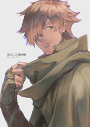 Rule 34 | 1boy, brown hair, character name, closed mouth, copyright name, english text, fate (series), fingerless gloves, gloves, green eyes, green gloves, grey background, hair over one eye, hakoito, highres, male focus, robin hood (fate), simple background, smile, solo, upper body