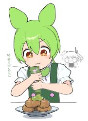 Rule 34 | 2girls, :3, ^^^, a.i. voice, adachi rei, antenna hair, arrow (symbol), blush stickers, brooch, chibi, chibi inset, commentary request, doodle inset, fried chicken, green hair, green overalls, highres, holding, jewelry, long hair, looking at another, looking at food, low ponytail, multiple girls, neck ribbon, okepi, one side up, orange eyes, partially colored, pink ribbon, plate, puffy short sleeves, puffy sleeves, ribbon, short sleeves, simple background, solo focus, surprised, translation request, tube, utau, v-shaped eyebrows, voicevox, white background, zundamon