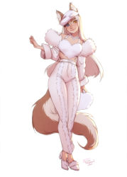 Rule 34 | 1girl, animal ears, blue eyes, closed mouth, fox ears, fox tail, freckles, full body, heterochromia, high heels, highres, holding, jacket, long hair, long sleeves, looking at viewer, losse (personal ami), orange eyes, original, pants, personal ami, simple background, smile, solo, tail, white background, white footwear, white hair, white jacket, white pants