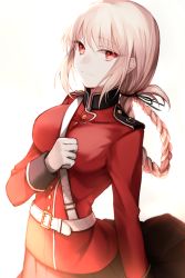 Rule 34 | 1girl, belt, black ribbon, black skirt, braid, breasts, fate/grand order, fate (series), florence nightingale (fate), gloves, hair ribbon, large breasts, long hair, long sleeves, looking at viewer, military, military uniform, pink hair, red eyes, ribbon, single braid, skirt, solo, uniform, upper body, white gloves, wowishi