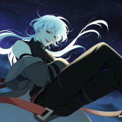 Rule 34 | 1boy, a date with death, bare shoulders, bishounen, casper (a date with death), coat, floating, full body, jacket, long hair, male focus, night, night sky, open mouth, quindenthot, red eyes, sky, sleeveless, smile, solo, star (sky), starry sky, white hair