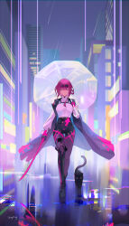 Rule 34 | 1girl, absurdres, artist name, black cat, black footwear, black jacket, black shorts, boots, breasts, cat, chromatic aberration, city lights, cityscape, collared shirt, commentary, crossed bangs, earrings, english commentary, eyewear on head, full body, gloves, guryfrog, high-waist shorts, highres, holding, holding sword, holding umbrella, holding weapon, honkai: star rail, honkai (series), jacket, jewelry, kafka (honkai: star rail), katana, large breasts, long hair, long sleeves, looking at viewer, pantyhose, pantyhose under shorts, parted lips, pink gloves, purple eyes, purple hair, purple pantyhose, rain, ring, round eyewear, shirt, shorts, single thigh boot, smile, solo, sword, thigh boots, umbrella, walking, weapon, white shirt, white umbrella