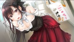 Rule 34 | 1girl, ai kiss 2, arms behind back, bare shoulders, black bow, black hair, bow, breasts, cleavage, clothing cutout, corset, detached sleeves, dress, female focus, floating hair, floor, frills, game cg, giga (company), hair between eyes, hair bow, happy, highres, holding, holding sign, indoors, kirisawa saki, large breasts, leaning forward, long hair, looking at viewer, open mouth, original, red skirt, saegusa hinata, shoulder cutout, sign, skirt, smile, solo, standing