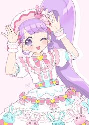 Rule 34 | 1girl, :d, ;d, animal print, bad id, bad twitter id, blunt bangs, bow, dress, frilled dress, frills, hands up, idol clothes, lolita fashion, long hair, looking at viewer, manaka non, mdr onj1807, one eye closed, open mouth, pink bow, pretty series, print dress, pripara, puffy short sleeves, puffy sleeves, purple eyes, purple hair, rabbit pose, rabbit print, short sleeves, side ponytail, smile, solo, standing, sweet lolita, very long hair, white dress, wrist cuffs