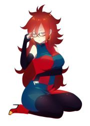 Rule 34 | 1girl, android 21, artist request, big hair, black-framed eyewear, black nails, black pantyhose, blue eyes, blush, curly hair, dragon ball, dragon ball fighterz, dress, earrings, female focus, glasses, hip focus, hoop earrings, jewelry, kneeling, long hair, multicolored boots, multicolored clothes, multicolored dress, nail polish, pantyhose, seiza, simple background, sitting, solo, thick thighs, thighs, white background, wide hips