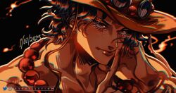 Rule 34 | 1boy, black background, black hair, close-up, fire, freckles, hat, highres, instagram username, jewelry, looking ahead, male focus, necklace, one piece, orange hat, portgas d. ace, solo, twitter username, vanxllavina