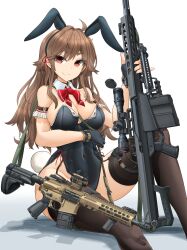 Rule 34 | 1girl, absurdres, animal ears, anti-materiel rifle, armband, assault rifle, barrett m82, between breasts, black gloves, black leotard, black thighhighs, bow, bowtie, breasts, brown hair, closed mouth, collar, commentary, covered navel, detached collar, fake animal ears, fake tail, fingerless gloves, frilled armband, frills, gloves, gun, highres, holding, holding gun, holding weapon, knee up, large breasts, leotard, long hair, looking at viewer, mikeran (mikelan), original, playboy bunny, rabbit ears, rabbit tail, red bow, red bowtie, red eyes, rifle, scope, shadow, side-tie leotard, sitting, smile, sniper rifle, solo, strapless, strapless leotard, suppressor, tail, thighhighs, weapon, weapon request, white collar, wing collar