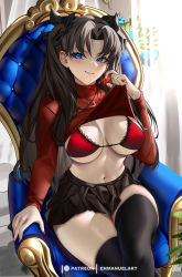 Rule 34 | 1girl, arm support, black hair, black ribbon, black skirt, black thighhighs, blue eyes, blush, bra, breasts, chair, clothes lift, commentary, crossed legs, duplicate, enma (enmanuelart), fate/stay night, fate (series), hair ribbon, highres, indoors, jewelry, lace, lace-trimmed bra, lace trim, large breasts, lifting own clothes, long hair, long sleeves, looking at viewer, nail polish, navel, necklace, on chair, parted bangs, patreon username, pixel-perfect duplicate, red bra, red shirt, ribbon, shirt, shirt lift, sitting, skirt, smile, solo, thighhighs, thighs, tohsaka rin, turtleneck, underwear, zettai ryouiki