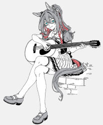 Rule 34 | 1girl, acoustic guitar, animal ears, aqua eyes, closed mouth, crossed legs, domino mask, el condor pasa (umamusume), guitar, high ponytail, highres, holding, holding guitar, holding instrument, horse ears, horse girl, horse tail, instrument, loafers, long hair, mask, oo sungnim, partially colored, ponytail, sailor collar, school uniform, shirt, shoes, short sleeves, sitting, skirt, smile, solo, tail, thighhighs, tracen school uniform, umamusume