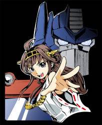 Rule 34 | 10s, 1980s (style), 1boy, 1girl, ahoge, autobot, bare shoulders, blue eyes, brown hair, crossover, detached sleeves, double bun, glowing, glowing eyes, hairband, headgear, japanese clothes, kamizono (spookyhouse), kantai collection, kongou (kancolle), long hair, machine, machinery, mecha, nontraditional miko, retro artstyle, open mouth, optimus prime, retro artstyle, ribbon-trimmed sleeves, ribbon trim, robot, science fiction, smile, transformers, twitter username, uniform, upper body