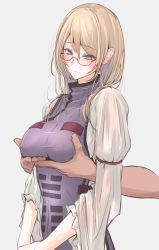 Rule 34 | 1girl, akiyama cz4a, arm strap, bespectacled, blonde hair, blush, grabbing another&#039;s breast, breasts, closed mouth, covered erect nipples, covered navel, dress, glasses, grabbing, grabbing from behind, grey background, hair between eyes, head tilt, highres, juliet sleeves, long hair, long sleeves, looking down, medium breasts, mole, mole under eye, no headwear, nose blush, pink lips, puffy sleeves, purple eyes, red-framed eyewear, sidelocks, simple background, solo focus, sweat, sweatdrop, tabard, taut clothes, touhou, upper body, white dress, wide sleeves, yakumo yukari