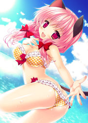 Rule 34 | 1girl, :d, animal ears, ass, bikini, breasts, butt crack, cat ears, cat tail, cleavage, cloud, day, dutch angle, fang, large breasts, long hair, minatsuki alumi, ocean, open mouth, original, pink eyes, pink hair, polka dot, polka dot bikini, polka dot swimsuit, sky, smile, solo, swimsuit, tail, twintails, twisted torso, water, yellow bikini