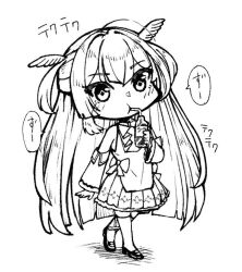 Rule 34 | 1girl, :t, ahoge, arm at side, ascot, bare shoulders, black footwear, blunt bangs, blunt ends, blush, bottle, bow, chibi, cola, detached sleeves, drinking, drinking straw, eyes visible through hair, frilled skirt, frills, hand up, holding, holding bottle, long hair, long sleeves, miniskirt, monochrome, pleated skirt, shirayuki noa, shirt, sidelocks, simple background, skirt, sleeveless, sleeveless shirt, solo, sound effects, speech bubble, tenshi souzou re-boot!, tft (tft7822), thighhighs, two side up, very long hair, walking, white background, wide sleeves, wing hair ornament, zettai ryouiki