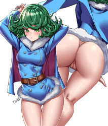 Rule 34 | 1girl, breasts, cleft of venus, closed mouth, curly hair, enma, from below, green eyes, green hair, highres, long sleeves, matching hair/eyes, no panties, one-punch man, pussy, short hair, solo, tatsumaki, thighs, third-party edit, uncensored, winter clothes
