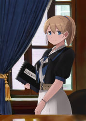 Rule 34 | belt, black shirt, blue eyes, blush, book, brown hair, commentary request, fuyube gin (huyube), holding, holding book, indoors, intrepid (kancolle), kantai collection, looking at viewer, neckerchief, ponytail, shirt, short hair, skirt, smile, solo, white shirt, white skirt