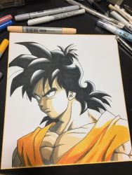 Rule 34 | 1boy, art tools in frame, black eyes, black hair, close-up, commentary request, dougi, dragon ball, dragonball z, expressionless, frown, graphite (medium), highres, lee (dragon garou), long hair, looking away, male focus, marker (medium), mechanical pencil, muscular, paper, pectorals, pencil, photo (medium), serious, shaded face, shikishi, short hair, simple background, spiked hair, traditional media, upper body, white background, yamcha