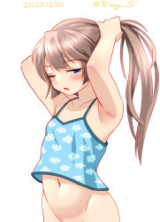 Rule 34 | 1girl, aqua eyes, armpits, blue camisole, brown hair, camisole, cloud print, holding, holding own hair, kantai collection, kazagumo (kancolle), long hair, navel, no panties, one-hour drawing challenge, one eye closed, out-of-frame censoring, ponytail, ray.s, simple background, solo, white background