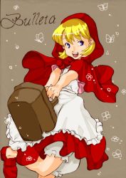 Rule 34 | 1girl, apron, basket, blonde hair, blue eyes, bob cut, bug, bulleta, butterfly, capcom, character name, dress, empire waist, full body, hood, insect, mike neko3, red dress, shawl, shoes, short hair, simple background, smile, solo, vampire (game)