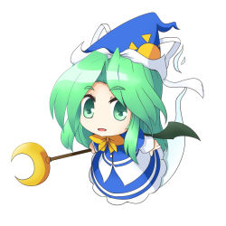 Rule 34 | 1girl, blue dress, bow, bowtie, chibi, crescent, dress, female focus, ghost, ghost tail, green eyes, green hair, hat, long hair, matching hair/eyes, mima (touhou), musashino udon, open mouth, solo, staff, touhou, touhou (pc-98), wings, wizard hat